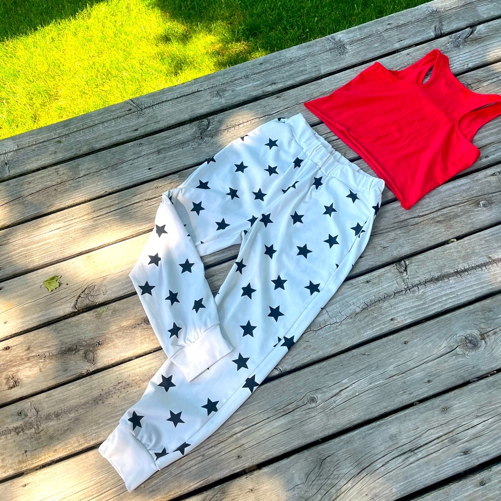 Navy Stars Joggers Patriotic USA Casual Polyester White Sweatpants Med Ladies